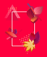 Red autumn background with beautiful 3d leaves.