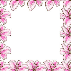A beautiful floral frame of pink lilies. Flower design for cards, banners, posters and so on. Botanical vector illustration.