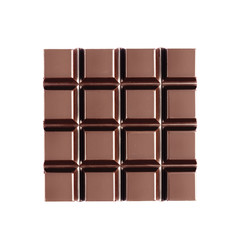 Square shape of bitter, dark chocolate bar, isolated on white background, close up, top view