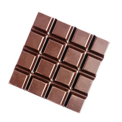 Square shape of bitter, dark chocolate bar, isolated on white background, close up, top view