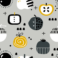 Fototapeta premium vector seamless background patterns in Scandinavian style,cartoon cute apples and elements for fabric design, wrapping paper, notebooks covers