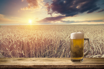 Beer keg with glasses of beer on rural countryside background