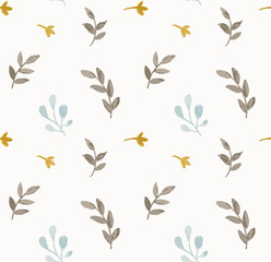 Hand drawn seamless pattern with branches, leaves and flowers. Vector watercolor background in pastel, fall colors.