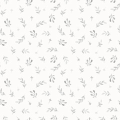 Seamless watercolor floral pattern with branches and leaves. Subtle monochrome hand drawn vector background.