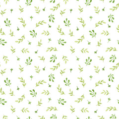 Watercolor seamless pattern with branches, leaves and flowers. Vector hand drawn spring background in shades of green.