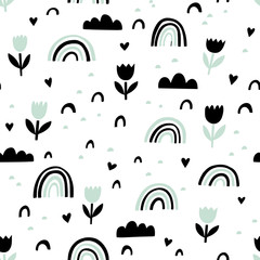 Scandinavian vector pattern with flowers, rainbows, clouds and abstract shapes in black and mint. Graphic childish seamless print.