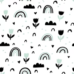 Fotobehang Bloemenmotief Scandinavisch vectorpatroon met bloemen, regenbogen, wolken en abstracte vormen in zwart en mint. Grafische kinderachtige naadloze print.