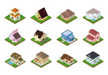 House vector isometric housing architecture or residential home illustration set of housekeeping building exterior or cottage construction isolated on white background
