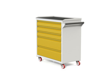 Metal tool cabinet on wheels with drawers. A convenient place for storing tools and spare parts. Metal furniture.  3D-model rendering of the table for shooting from above.