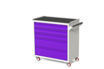Metal tool cabinet on wheels with drawers. A convenient place for storing tools and spare parts. Metal furniture.  3D-model rendering of the table for shooting from above.