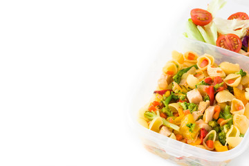 Lunch box with healthy food ready to eat isolated on white background. Copyspace