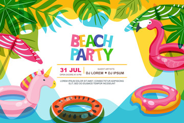 Swimming pool frame with flamingo and unicorn float kids toys. Beach party vector summer poster, flyer, banner design template. Trendy doodle illustration. - 215241250