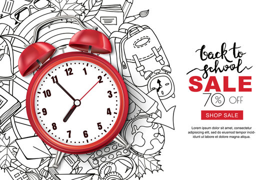Vector back to school sale banner, poster background. Realistic 3d red alarm clock on outline doodle school supplies background. Layout for discount labels, flyers and shopping.
