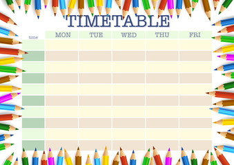 school timetable surrounded by colored pencils template vector illustration