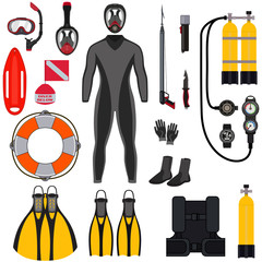 Collection for scuba diving and snorkeling, icons. Scuba mask, snorkel, fins, boots, gloves, wetsuit, tanks, regulator, console, watch, bcd, speargun, knife, flashlight, lifebouy. Vector illustration.