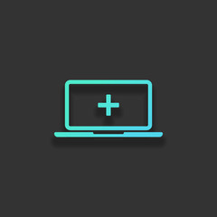 Laptop or notebook computer with medical cross on screen. Simple