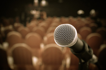 Seminar Conference Concept : Microphones for speech or speaking  in seminar room, talking for lecture to audience university, Event light convention hall Background.
