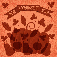 Harvest. Hand paper cut elements. Poster, banner, invitation. Apple orchard. Harvest festival. Apples, leaves, ribbon with text. Grunge background