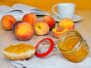 Jar of homemade peach jam
