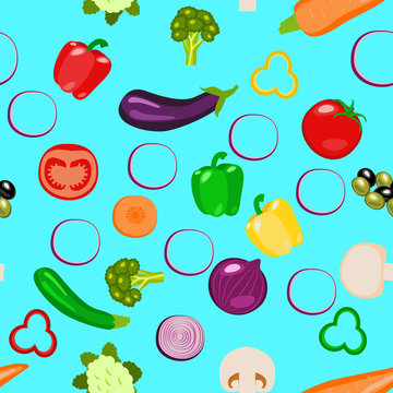 Vegetables - whole and sliced. Zucchini, carrot, onion, tomato, bell pepper, mushroom, eggplant, broccoli. Seamless Pattern