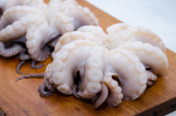 whole fresh raw octopus on cutting board closeup on rustic wooden table