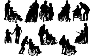 Couple in Wheelchair Silhouette | Disabled with Assistance | Husband Wife in Hospital | Clipart Clip art Logo