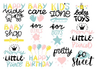 12 children s logo with handwriting Happy birthday, Baby care, Zone, Toys, Shop, For girls, boys, Mommy little princess, prince, Pretty, So sweet.