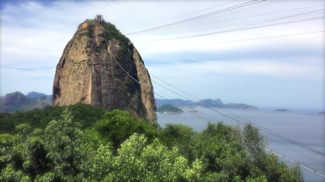 Green trees blowing in time lapse wind in front of a bright scenic view of Sugarloaf Mountain in Rio de Janeiro, Brazil