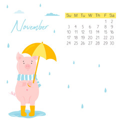 2019 calendar with funny pig. Monthly page.