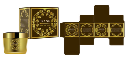 Packaging design, Label on gold cosmetic container with luxury box template and mockup box, vector illustration.
