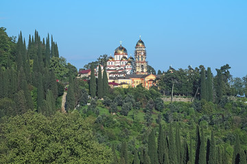 View of the New Athos Monastery (Novy Afon Monastery) with Cathedral of St. Panteleimon the Great Martyr and Belfry, Abkhazia