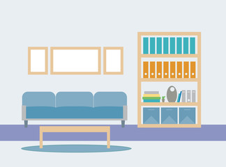 Flat design illustration of a living room with a seat, a bookcase with books and folders, a coffee table on a carpet and a pictures on a blue wall