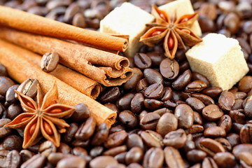 Obraz na płótnie Canvas Aromatic set with coffee, anise, sugar and cinnamon