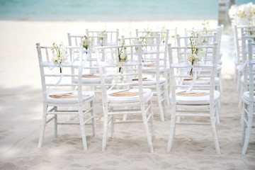 Back side of white chiavari chairs, wedding chairs settings for beach wedding venue on the white sand with ribbin of rose flower petals decoration