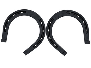 Two metal horseshoes on white