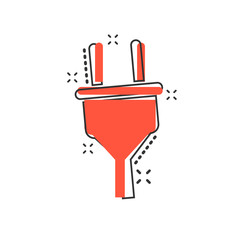 Vector cartoon electric plug icon in comic style. Power wire cable sign illustration pictogram. Wire business splash effect concept.