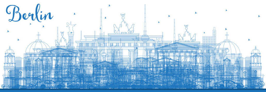 Outline Berlin Germany Skyline with Blue Buildings.