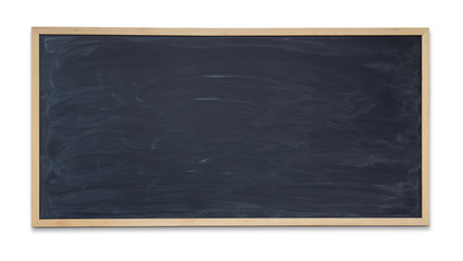 School horizontal clear chalkboard in thin wooden frame isolated on white background.