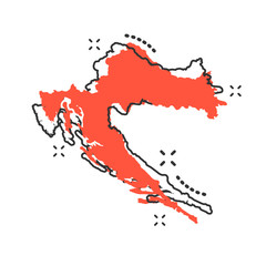 Obraz premium Vector cartoon Croatia map icon in comic style. Croatia sign illustration pictogram. Cartography map business splash effect concept.