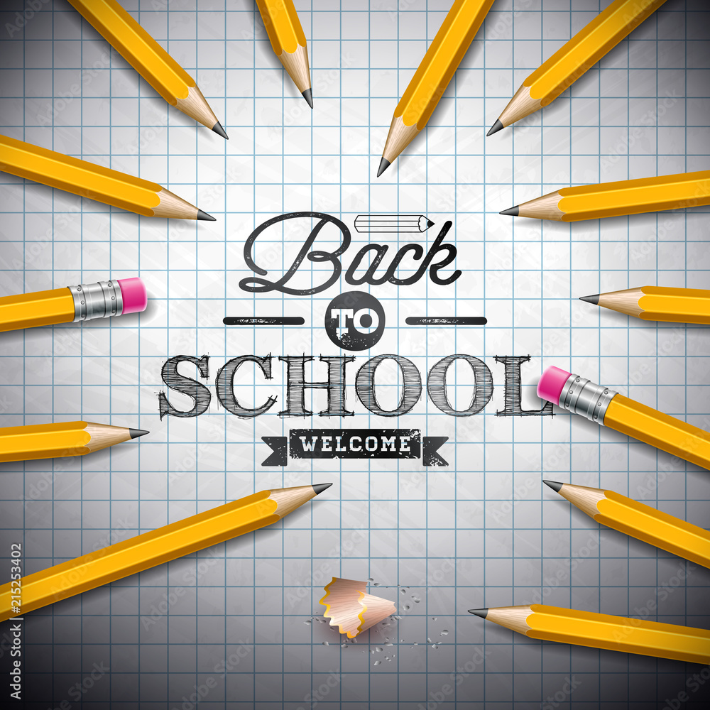 Poster back to school design with graphite pencil and typography lettering on notebook background. vector i