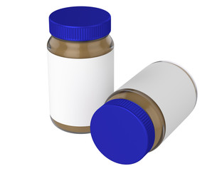 3D realistic render of peanut Butter on white background. Blue lid. Empty label. Clipping path.