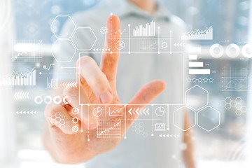 Marketing concept with young man in front of windows