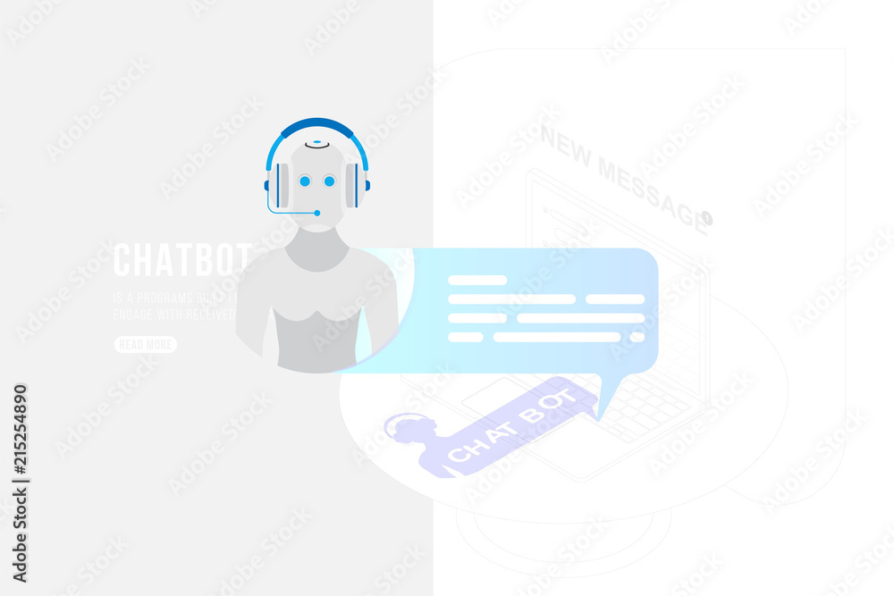 Poster icon chatbot with new message on the background of a outline drawing in isometric style and laptop. 