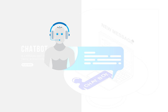 Icon Chatbot with new message on the background of a outline drawing in isometric style and laptop. Flat 3d illustration EPS10