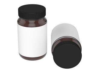 Pack of Glass jars with black cap filled with chocolate spread. Clipping path. Empty label.