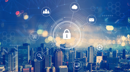 Cyber security with aerial view of city skylines at night