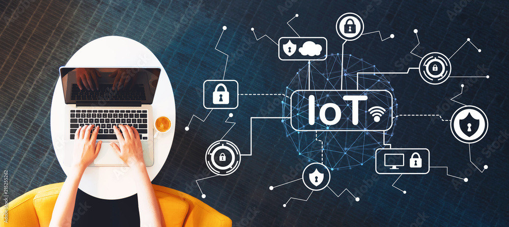 Poster iot security theme with person using a laptop on a white table