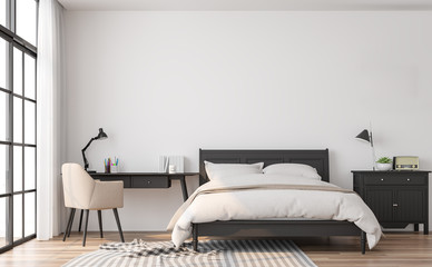 Modern classic bedroom 3d render.The rooms have wooden floors and white walls.Furnished with black wood furniture. There are large window overlooking to outside. - obrazy, fototapety, plakaty