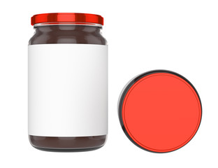 Pack of Glass jars with red cap filled with chocolate spread. Clipping path. Empty label.