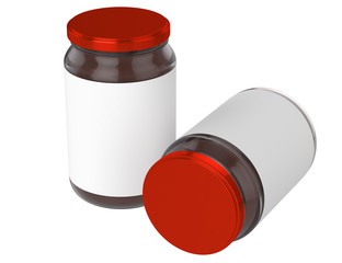 Pack of Glass jars with red cap filled with chocolate spread. Clipping path. Empty label.